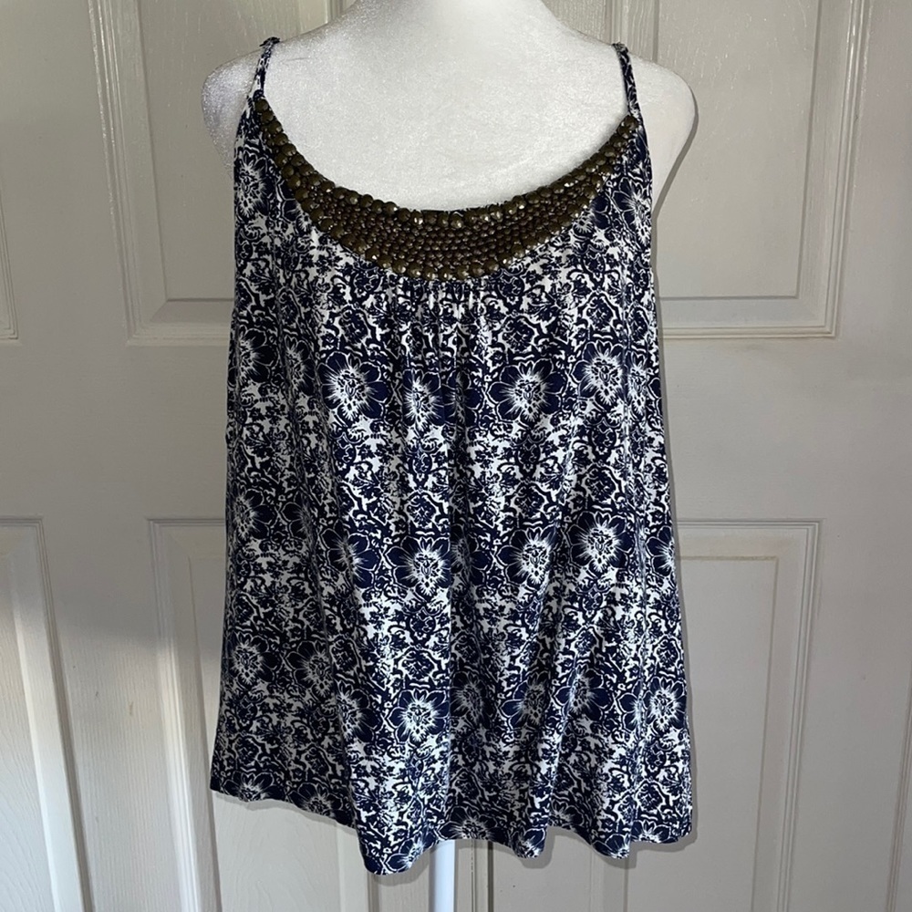 Torrid Blue And White Floral Beaded Cami Tank